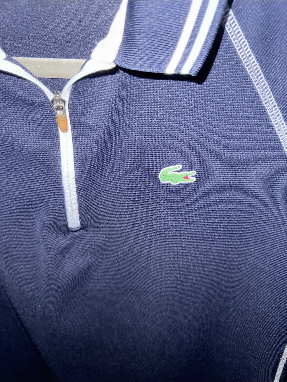 Lacoste Navy Blue Polo with White Trim and Green Croc Logo